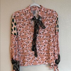 Pebbled Pink Floral Tie-Neck Blouse with Contrast Sleeve Detail